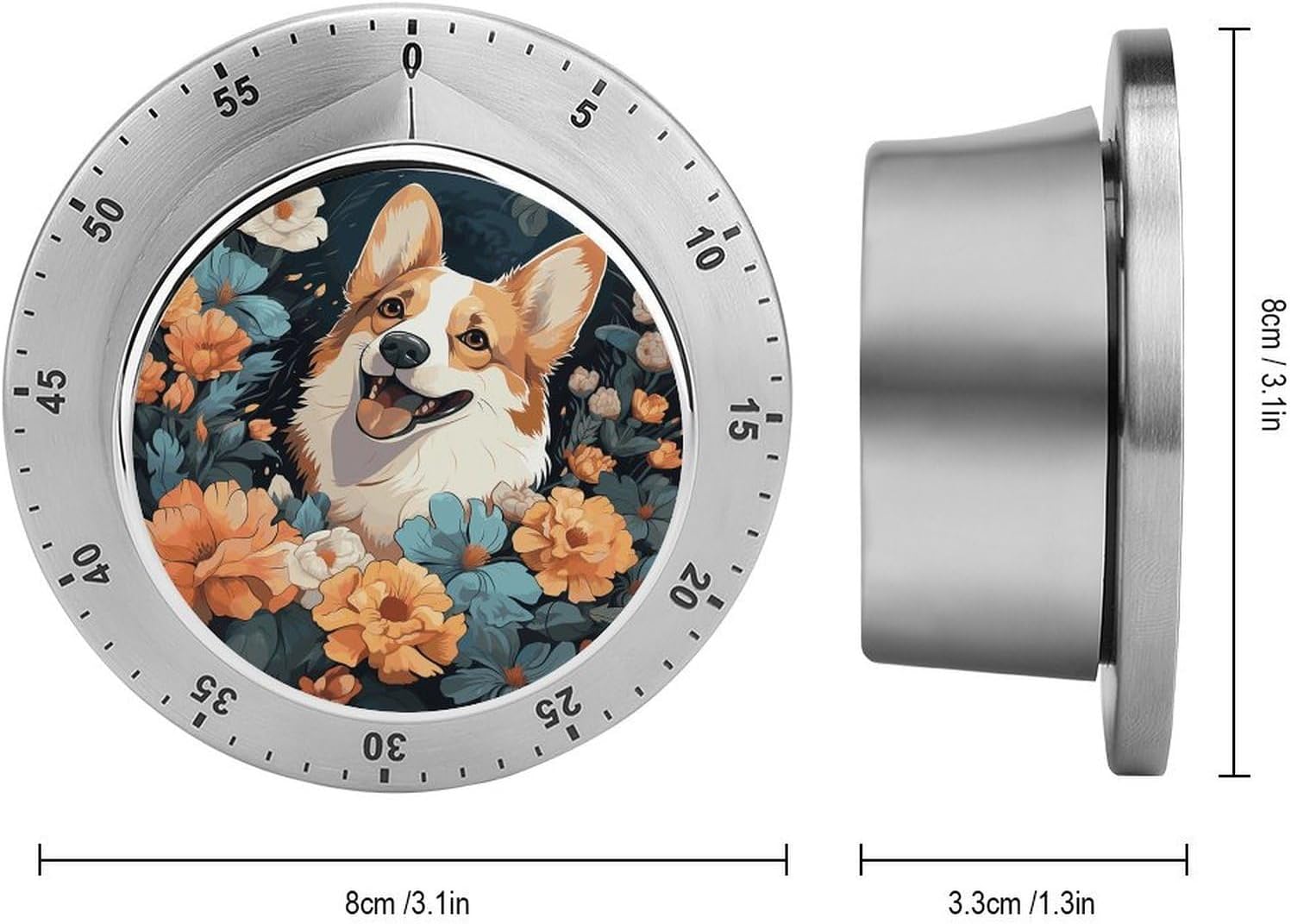 Corgi Pattern Digital Kitchen Timer for Cooking 60 Minute Wind Up Timer with Loud Alarm Visual Mechanical Timers Magnetic Countdown Countup Timers Exquisite Stainless Steel Body