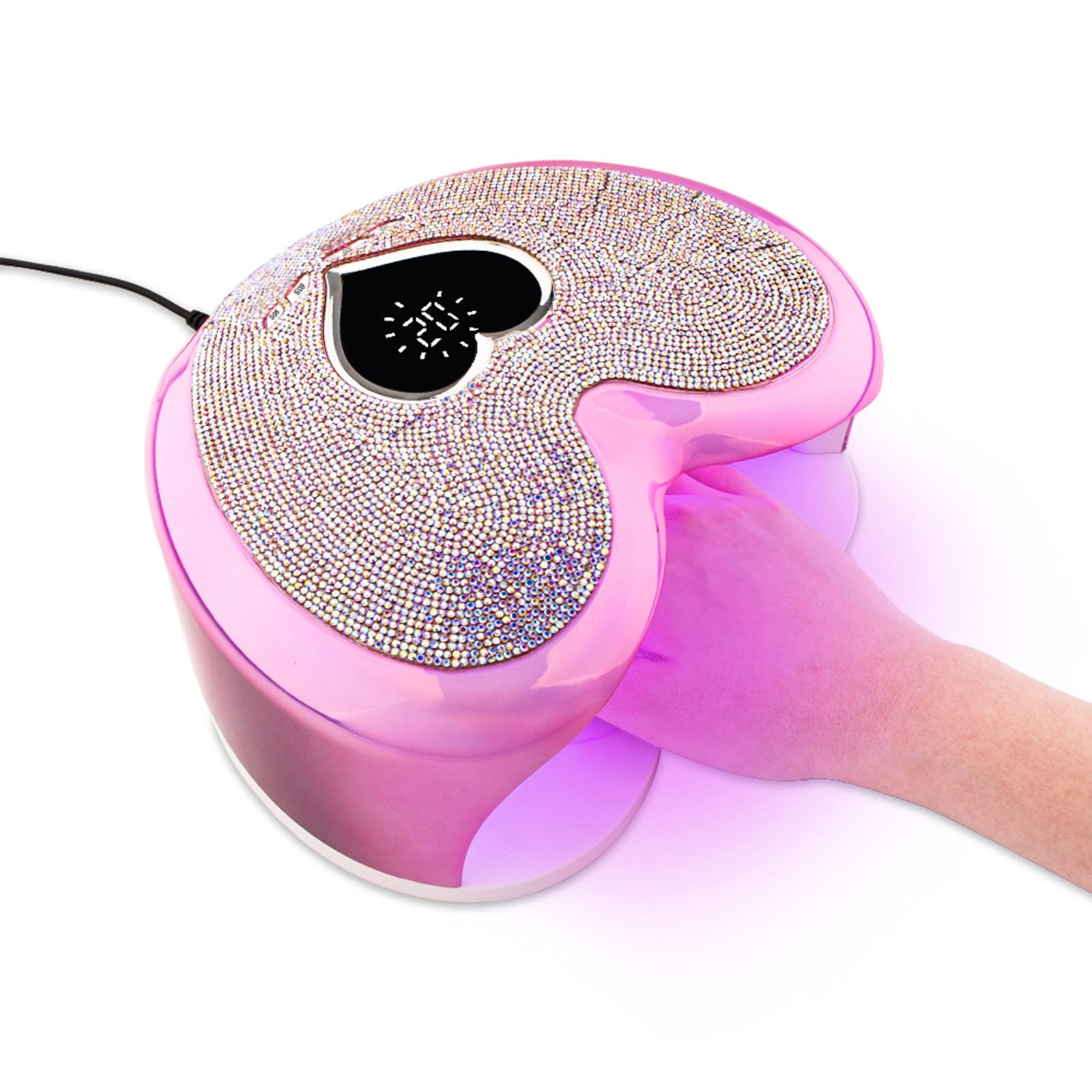 FRUJCDKI Nail Lamp, 96W Rechargeable UV Light for Nails/Acrylic Polish, LED Nail Lamp with 4 Timer Modes, Sparkling Heart Shape UV Nail Lamp Decorate with Colorful Nail Rhinestones Diamond (Pink)