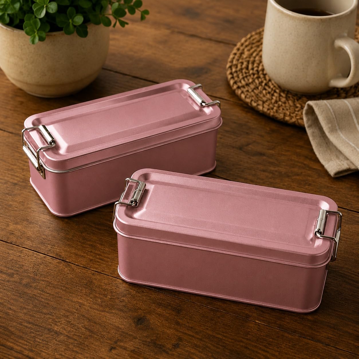 SATYAM KRAFT 2 Pcs Premium Metal Storage Box with Lid & Lock | Decorative Tin Container for Gift Packaging, Office Storage & Home Décor (Rectangular) (Pink)-image-41