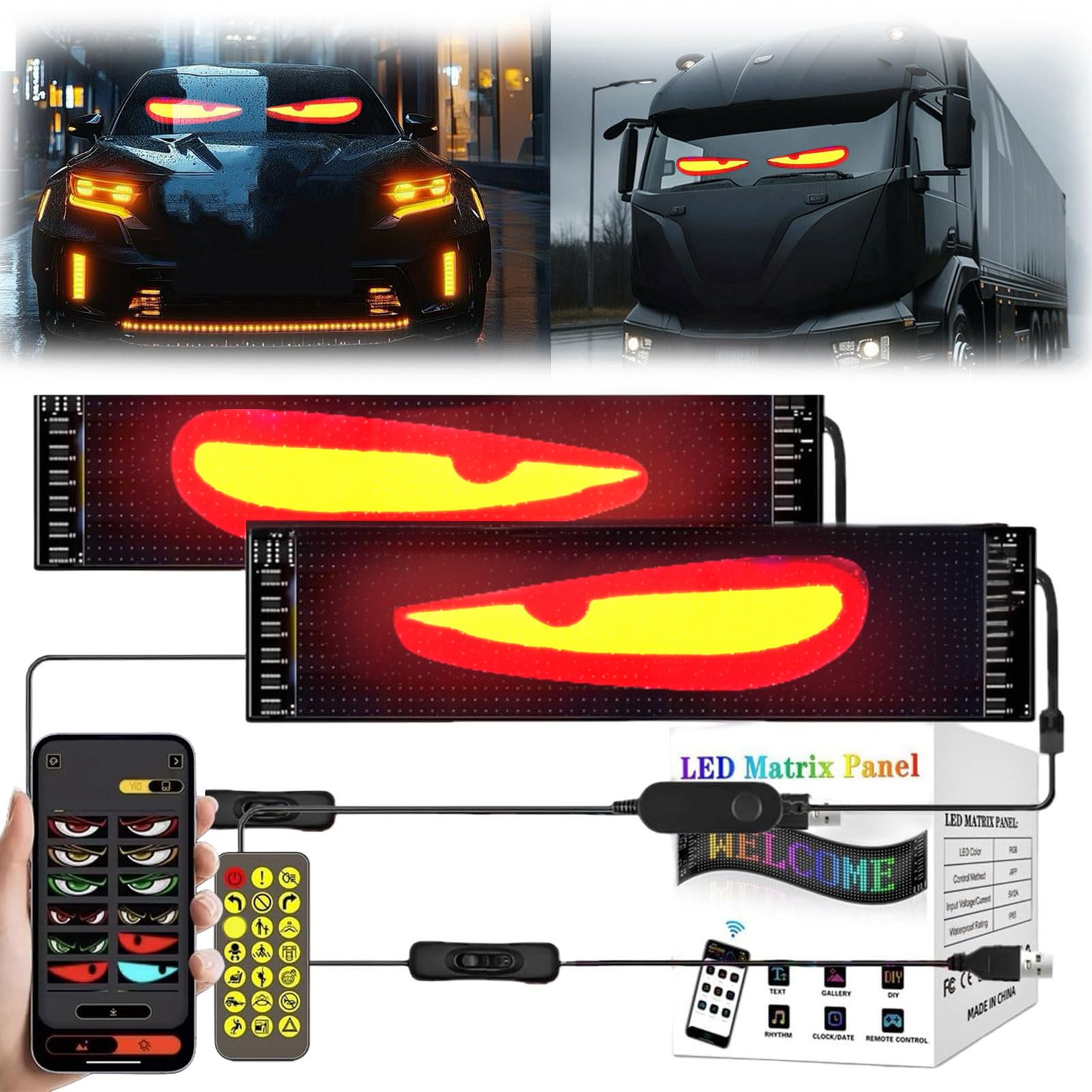 Led Augen für Auto LKW Devil Eyes Teufelsaugen Display Matrix Panel USB | Leuchtaugen, Dynamic Soft Screen, Wasserdicht, Smart DIY, Programmierbare, Kfz Frontscheibe Heckscheibe Traktor, 1er, 2er set