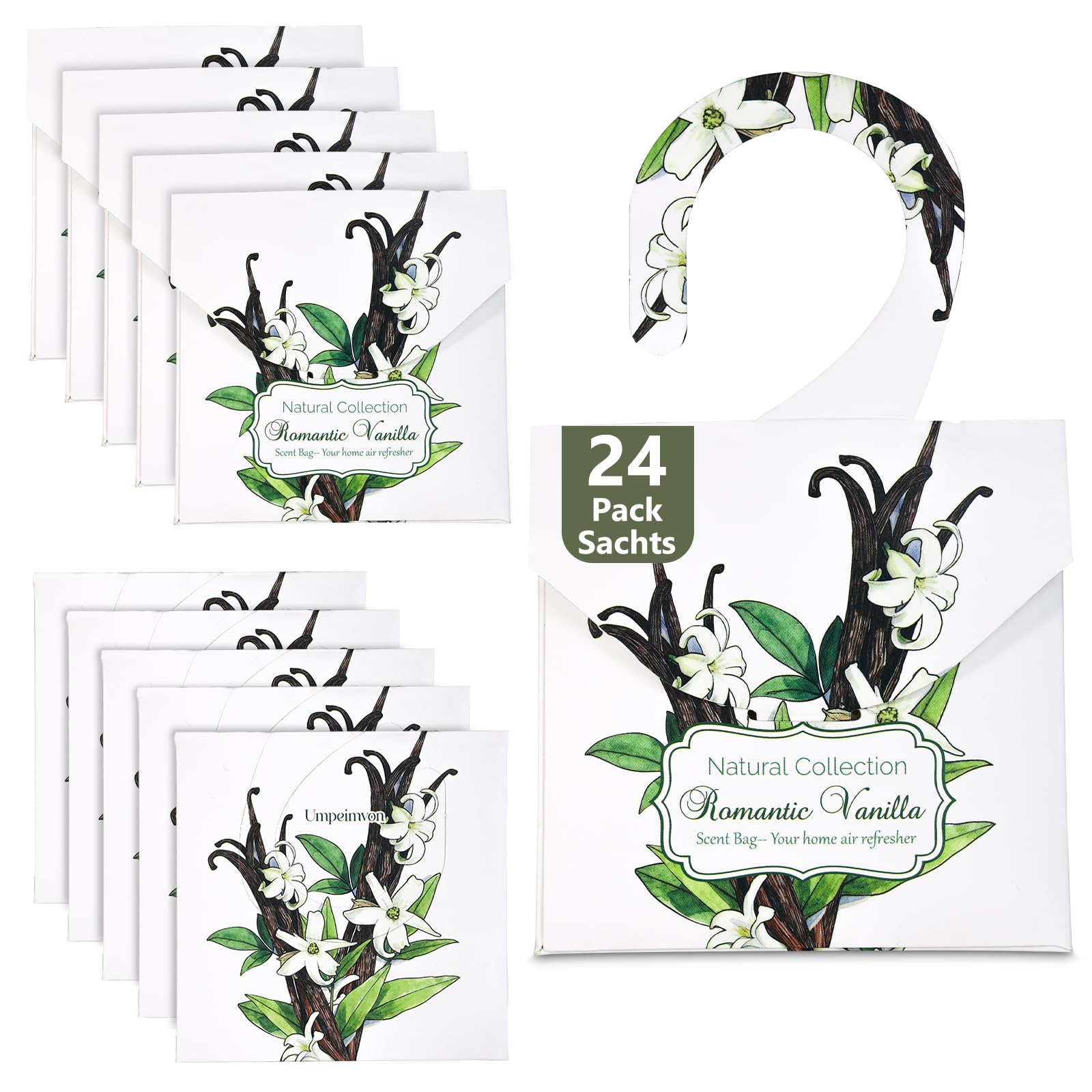 Umpeimvon White 24 Pack Vanilla Scented Sachets For Drawers And Closets, Natural Scent Drawer Sachets With 10 Hanging Bags Warm And Sweet Home Fragrance