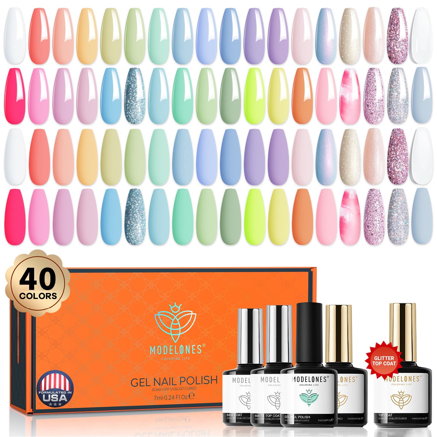 Modelones 40Pcs Esmalte de uñas de gel, 36Pcs Pastello Dreamy Collection Macaron Glitter esmalte de uñas de gel pastel Soak Off de verano, 4Pcs Nail Primer Base Matte Glossy Top Coat