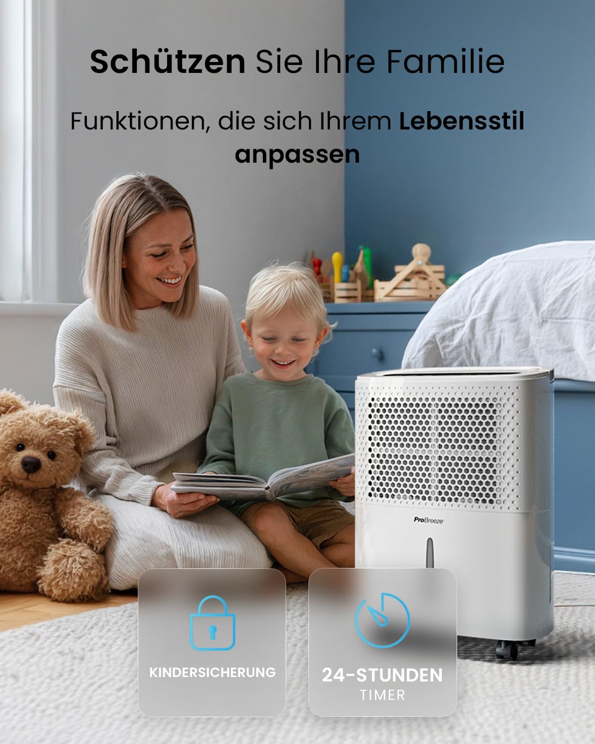 Pro Breeze Luftentfeuchter 12L in 24h Entfeuchtungsleistung - Raumgröße ca. 120m³ (~20 m²) - mit 3 Betriebsarten, Digitalanzeige, Ablaufschlauch, Timer - Gegen Feuchtigkeit, Schimmel Weiß