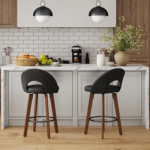 Juego de 2 taburetes de bar giratorios de altura de mostrador con patas de madera curvada, reposapiés de metal, modernos de mediados de siglo