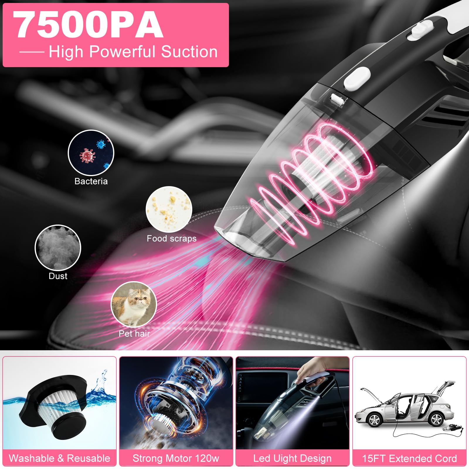 Kit di pulizia per interni dell'auto, 20 pezzi, con aspirapolvere portatile ad alta potenza, set di spazzole, strumento per parabrezza, spolverino, asciugamani, strumenti completi per la cura