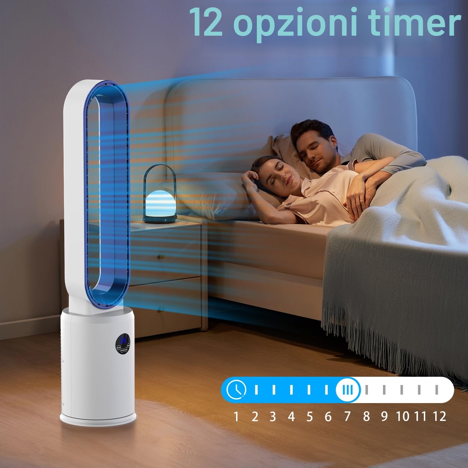 YAZEKY Ventilatore a Torre Senza Pale,Ventilatore a Colonna Silenzioso con Telecomando,3 Velocità,Oscillazione 60°,Display LED,Timer 8 Ore,97 cm Ventilatore Potente per Ufficio,Soggiorno,Bianco 70 m²