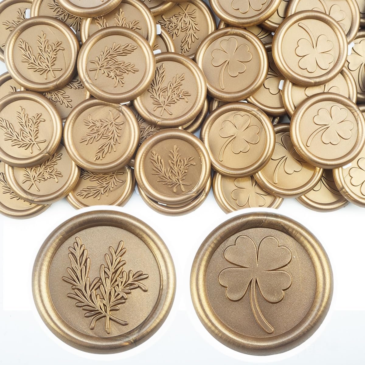 56 sellos de lacre adhesivos de bronce antiguo, con diseños de romero y trébol de cuatro hojas. Perfectos para invitaciones, Navidad, regalos y fiestas.