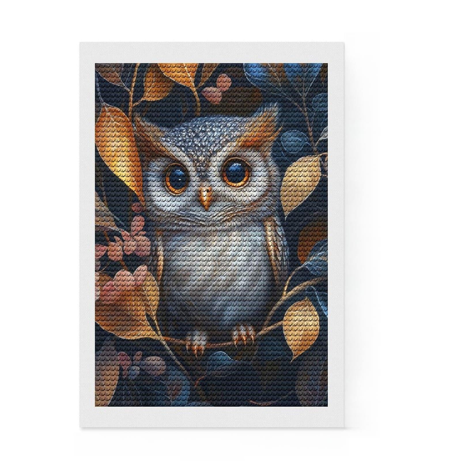 Junmoney Owl in Autumn Leaves Round Drill Diamond Painting 8"x12", for Teens, Easy Handmade Project, Modern Decor, Gift Idea, with Tool Kit