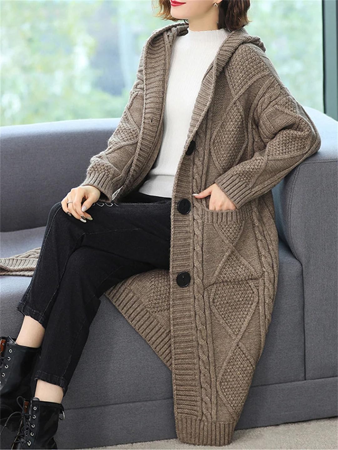 Suéter con capucha para mujer, cárdigan largo para otoño e invierno, suelto, grueso, cálido, de punto de un solo botonadura