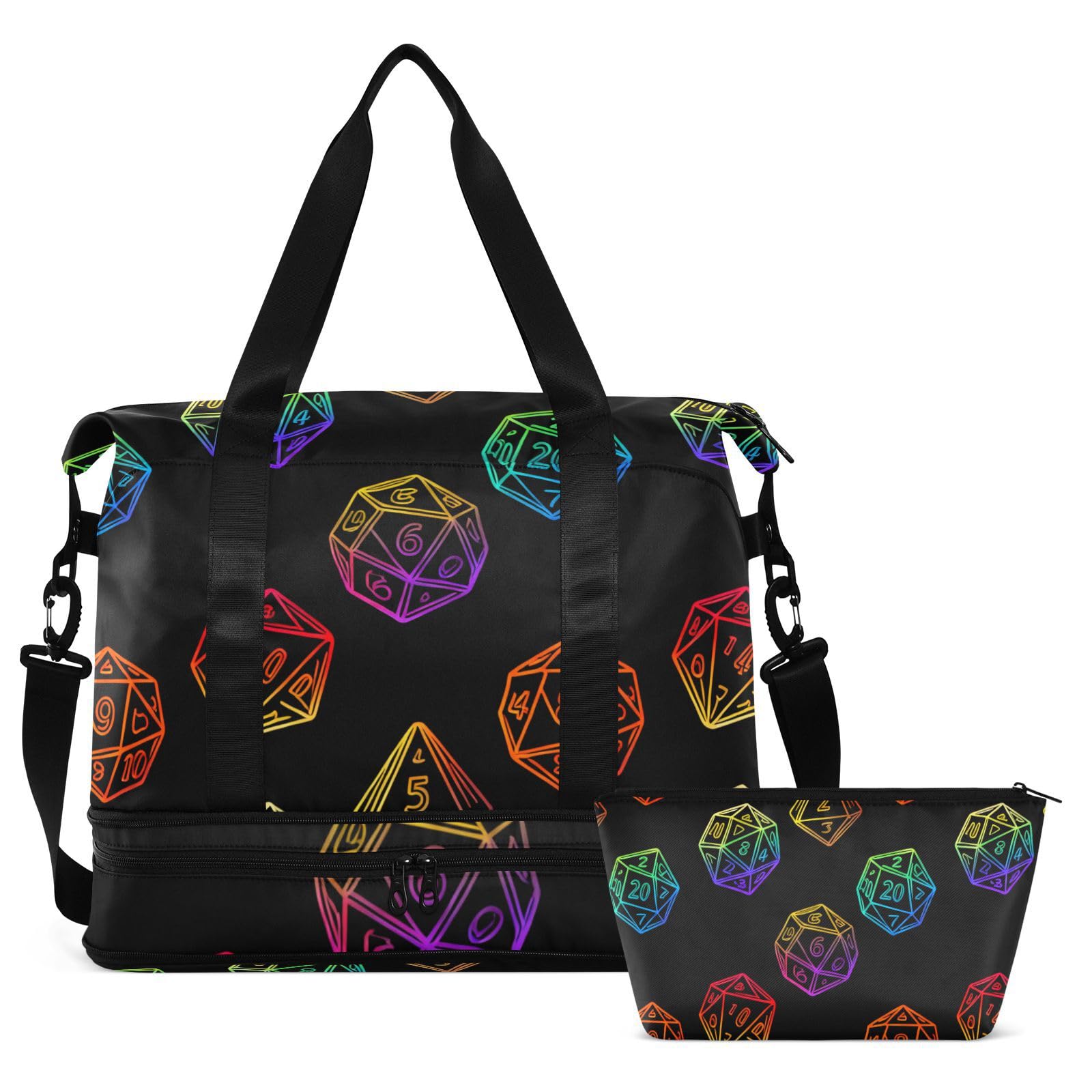 Sac de voyage coloré dégradé de dés avec poche humide sangle réglable sac fourre-tout pour randonnée multifonction pour homme et femme