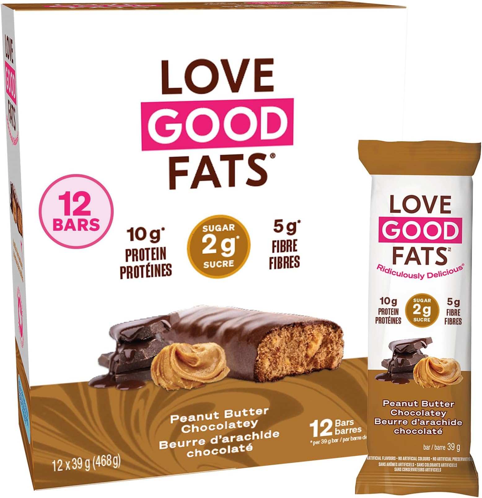 Love Good Fats Bars – Peanut Butter Chocolatey – Keto-Friendly Protein Bar with Natural Ingredients – Low Sugar, Low Carb, Non GMO, Gluten & Soy Free Snacks for Ketogenic Diets – (12 Count)