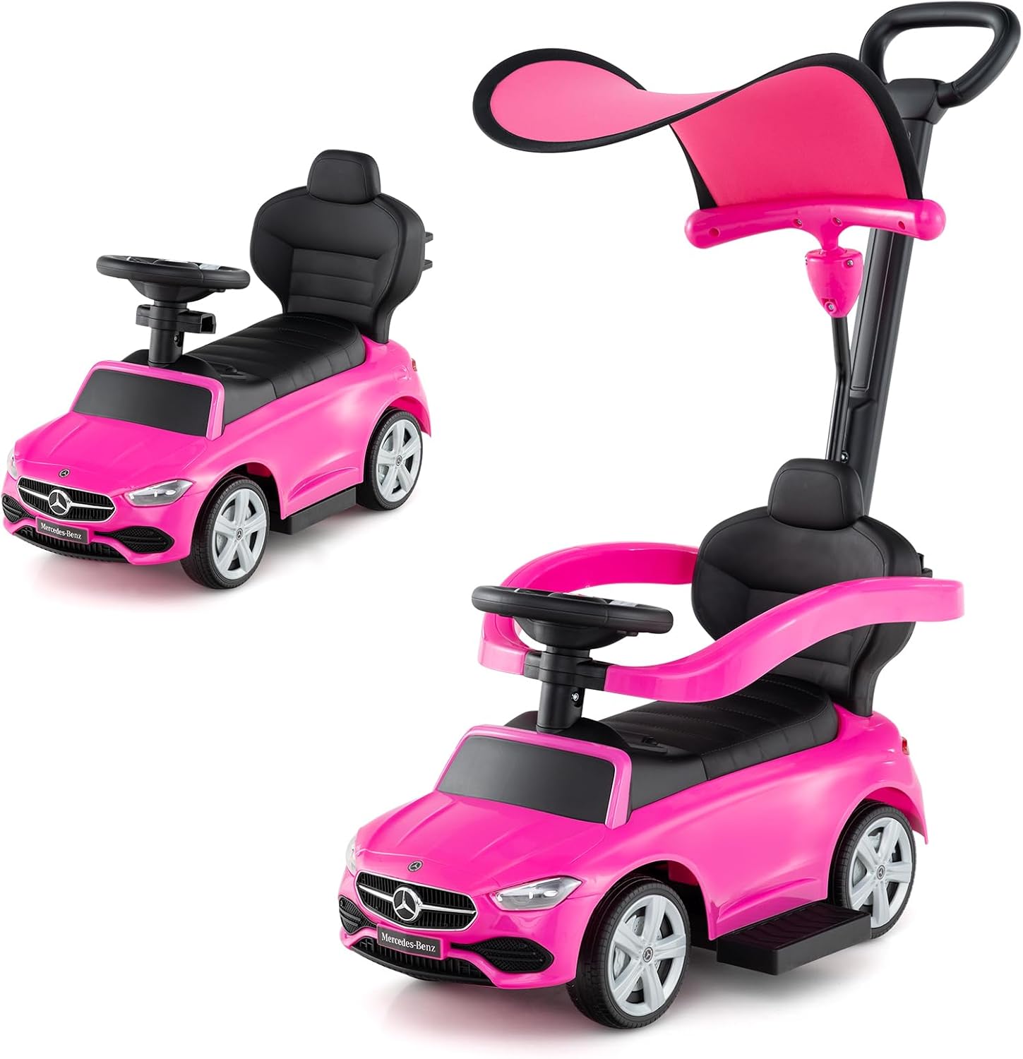 Costzon Push Car for Toddlers, 3 in 1 Mercedes Benz Stroller Sliding Walking Car w/Canopy, Handle, Safety Bar, Horn Sound, Underneath Storage, Foot-to-Floor Ride On Toy for Boys & Girls (Pink)