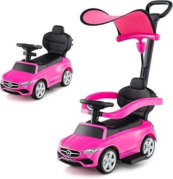 Costzon Push Car for Toddlers, 3 in 1 Mercedes Benz Stroller Sliding Walking Car w/Canopy, Handle, Safety Bar, Horn Sound, Underneath Storage, Foot-to-Floor Ride On Toy for Boys & Girls Pink