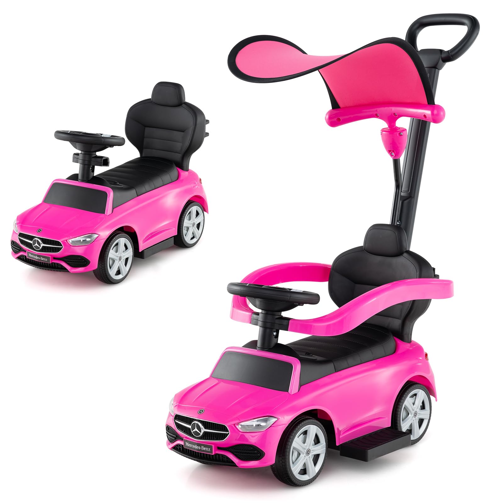 COSTWAY 3 in 1 Ride on Push Car, Mercedes-Benz Licensed Toddler Sliding Car with Steering Handle and Wheel, Horn, Adjustable Canopy, Foot to Floor Slider for Boys Girls 18-36 Months Old (Pink)