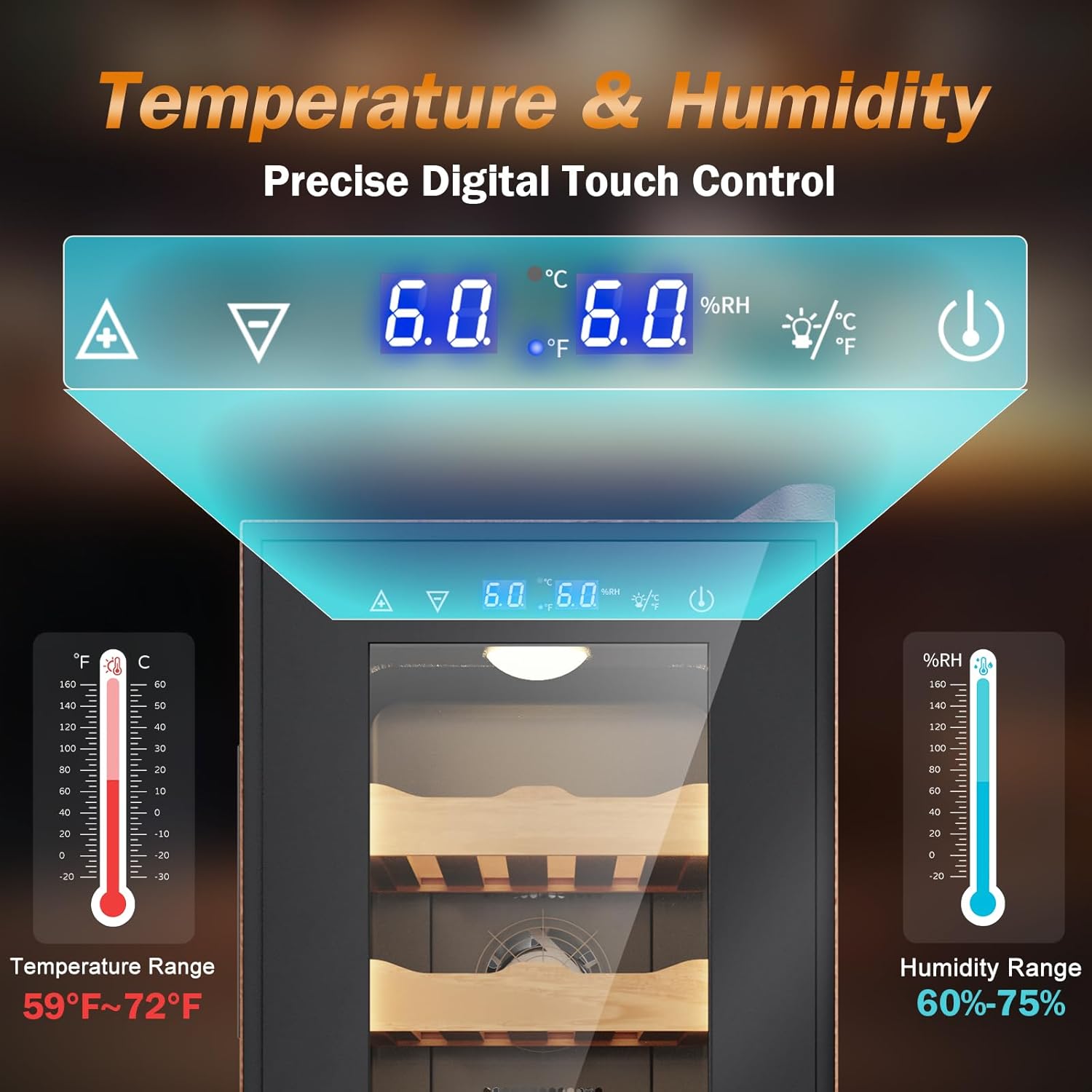 Electric Humidor with Leather-35L Cooling & Heating Humidor, Smart Touch Control Humidity & Temp, Humidors wtih Spanish Cedar Wood Tray, Digital Display, Safety Lock, Desktop Gift for Men