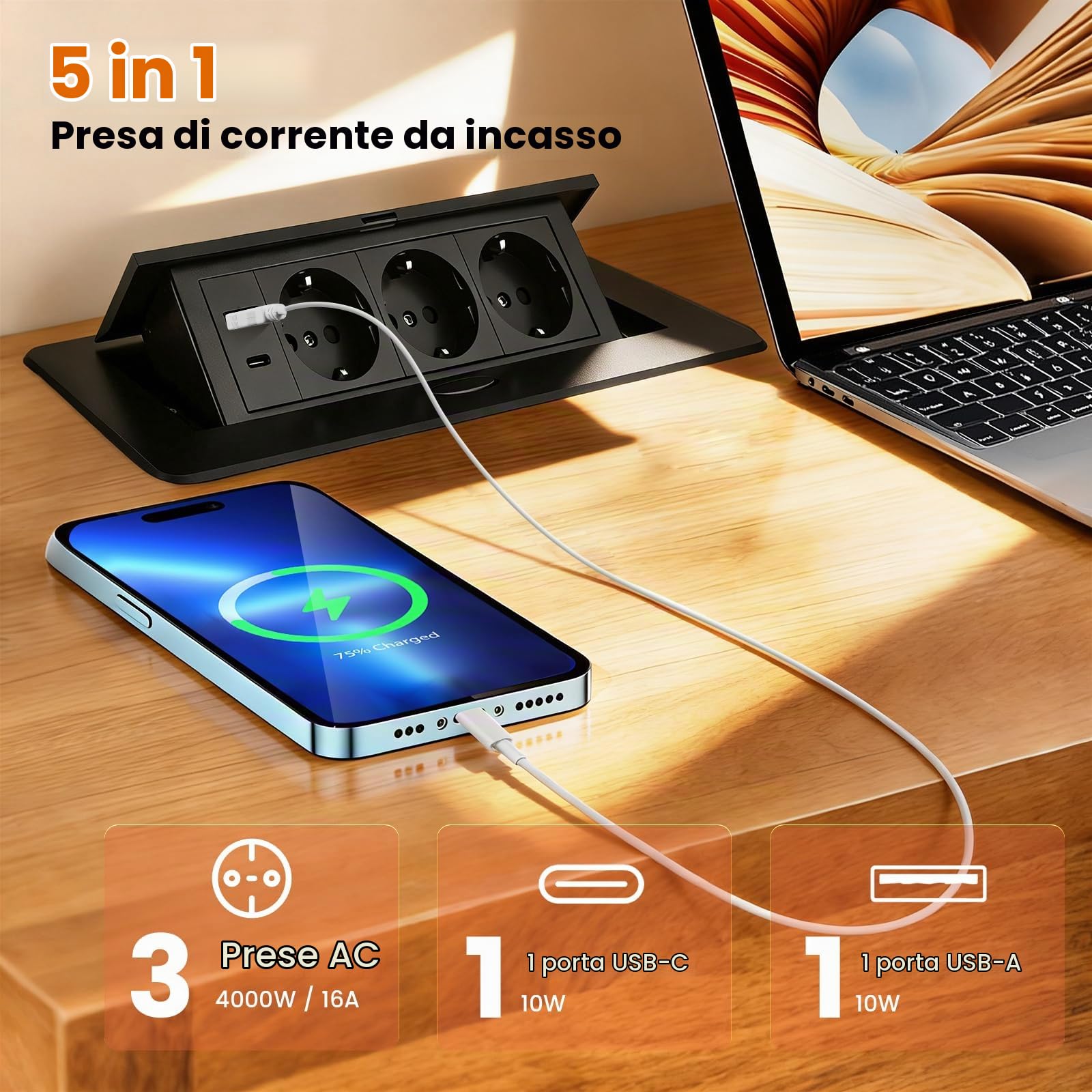Presa da incasso a scomparsa, 3 scomparti, in alluminio, per cucina, ufficio, colore nero