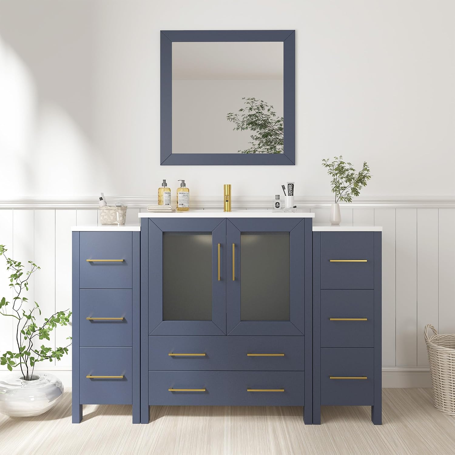 Vanity Art 48 Inch Under Mount Single Sink Bathroom Vanity Cabinet with 1 Mirror, Ceramic Top Bathroom Cabinet Compact Set with 8 Dovetail Storage Drawers and Gold Finish Handles, VA3024-48B