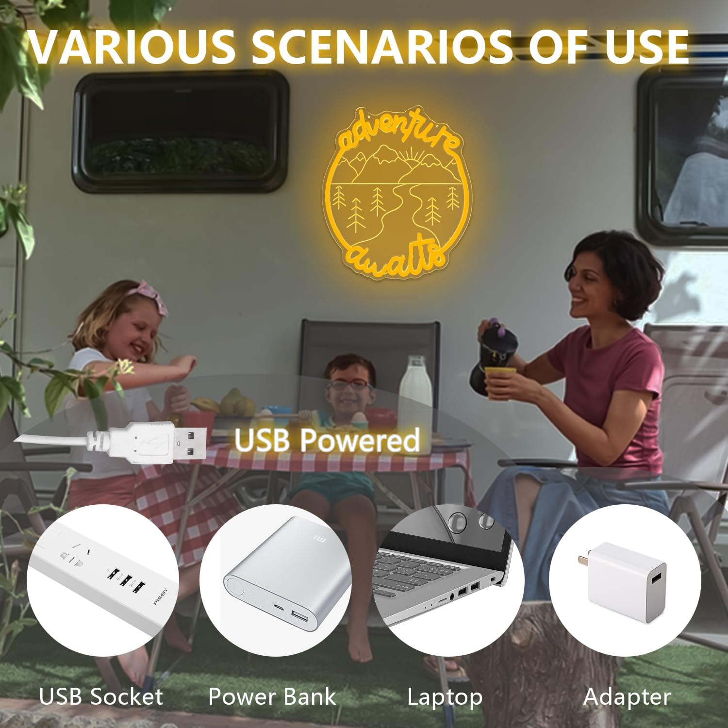 Adventure Awaits Neon Sign Dimmable Camping Neon Lights for Recreational Vehicle Decor Yellow LED Signs for Camping Party Decorations Adventure Neon Light Sign Gifts for Camping Lovers