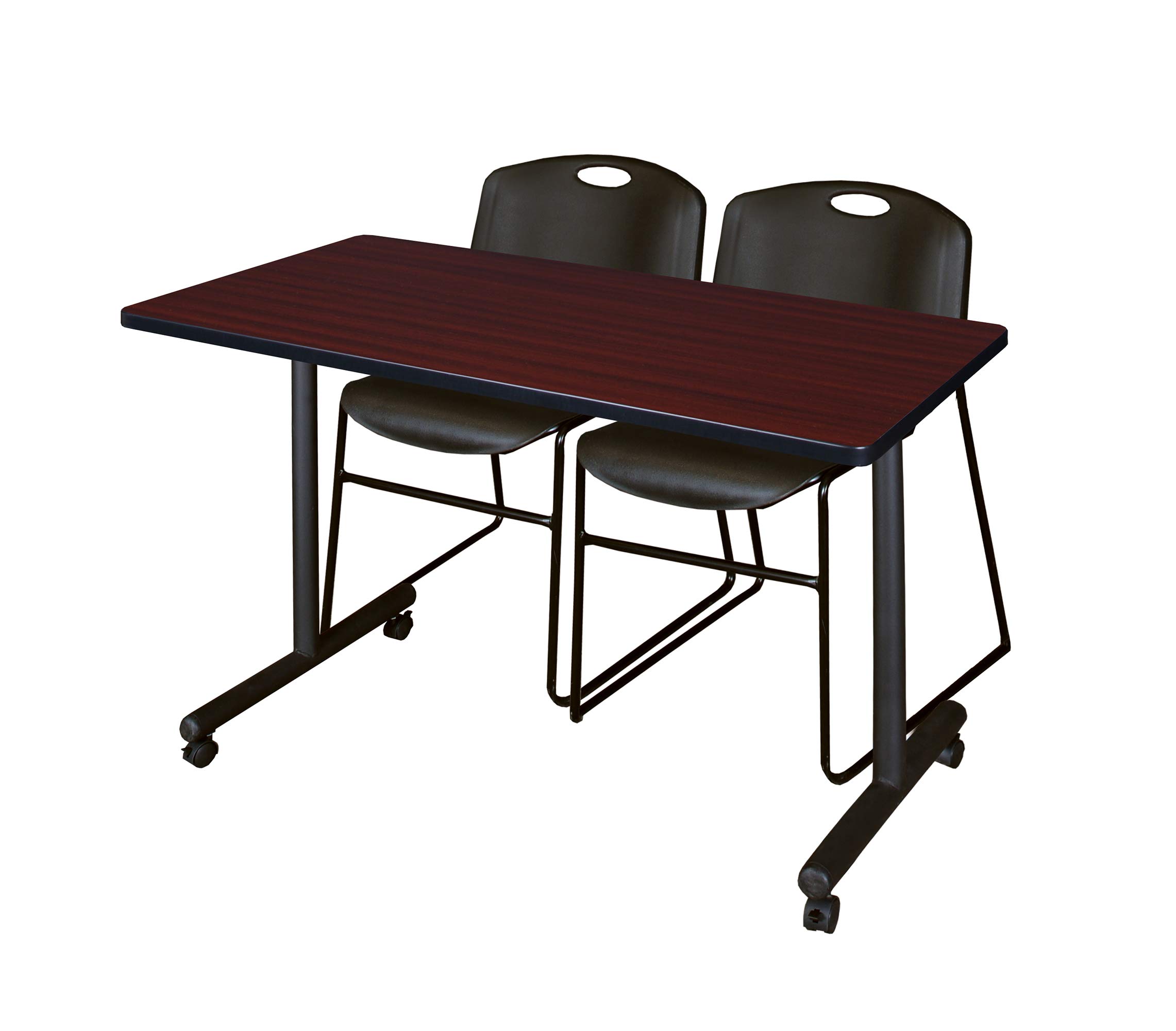 Regency Kobe 48 x 24 in. Mobile T-Base Training Table- Mahogany, 2 Zeng Stack Chairs- Black