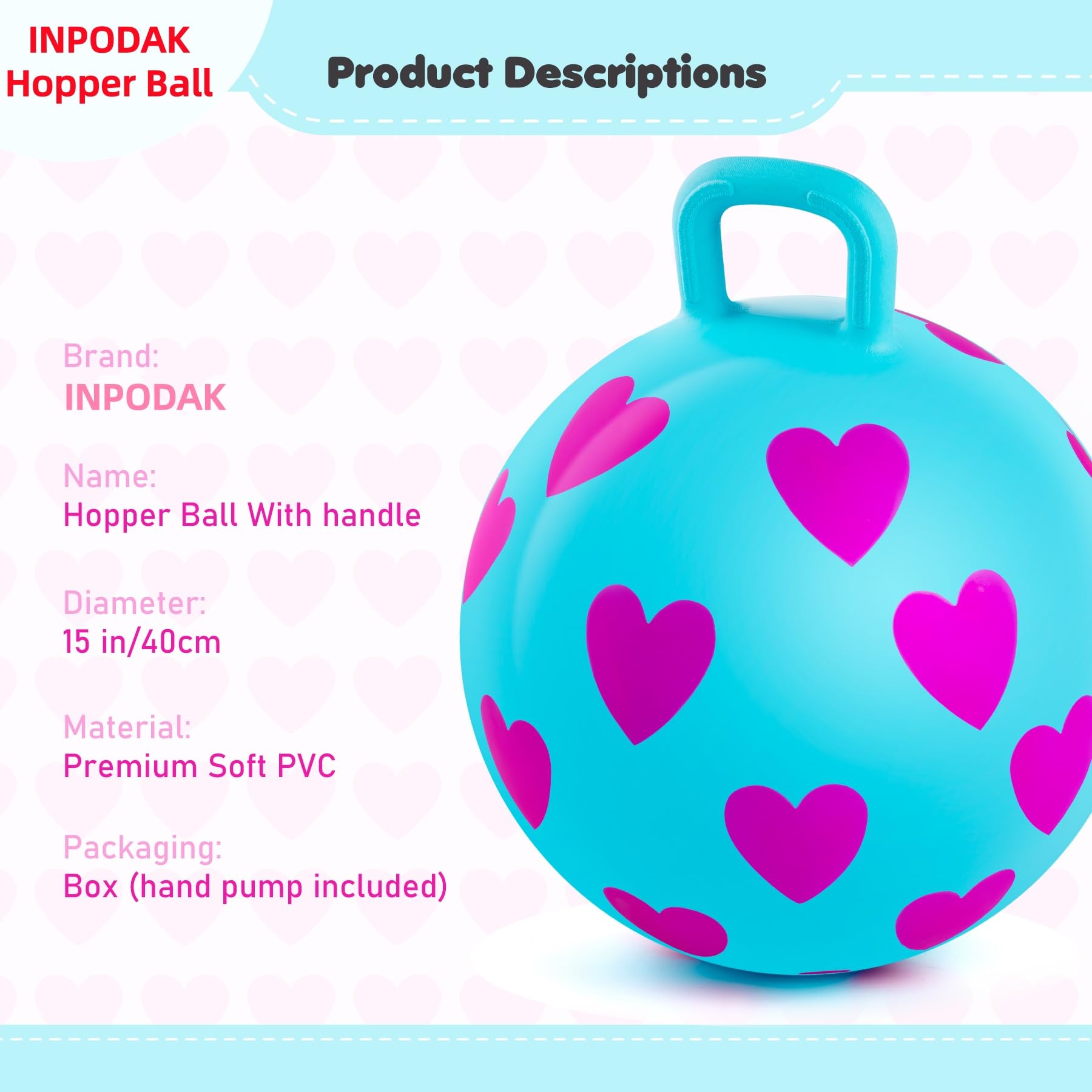 INPODAK Pelotas Saltarinas para Niños 40cm Pelota Saltarina con Asa Bola Hopper de 15 Pulgadas Resistente hasta 100 kg Pelotas Saltarinas Inflables Space Hopper para Niños de 3 a 6 Años
