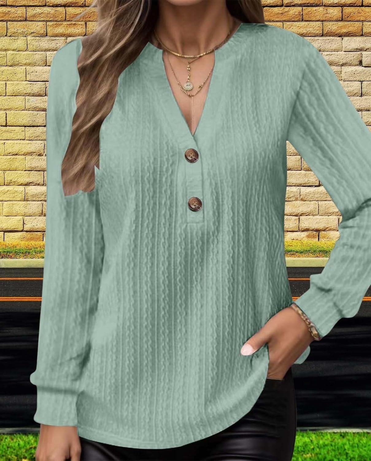 2025 Fashion Must Have Womens Long Sleeve V Neck Henley Shirt Loose Casual Shirt Warm Winter Knitwear - Image 3