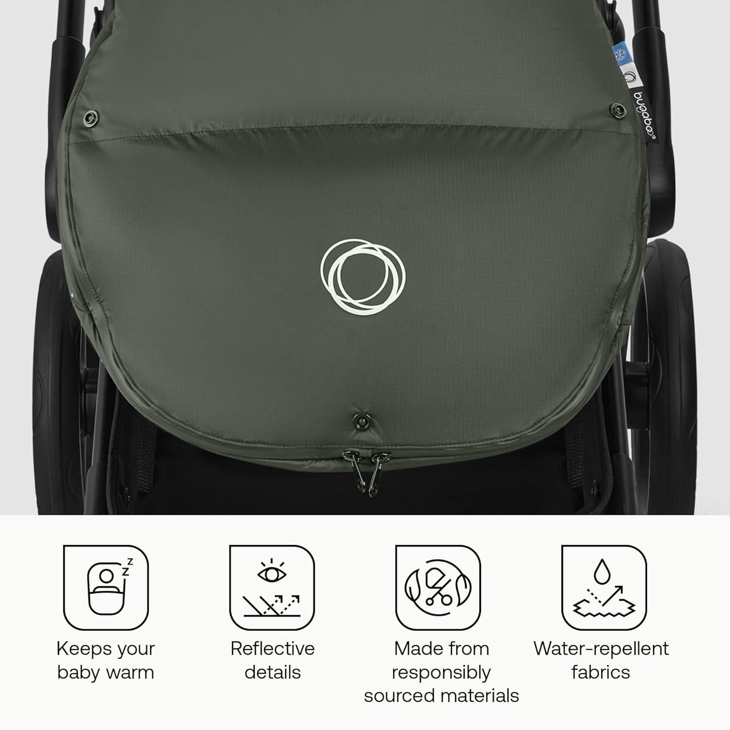 Bugaboo Performance Winter Footmuff for Strollers – Thermolite® Insulated Water-Repellent Footmuff, Removable Insert, Adjustable Hood, Reflective Details, Fits All Bugaboo Strollers - Forest Green