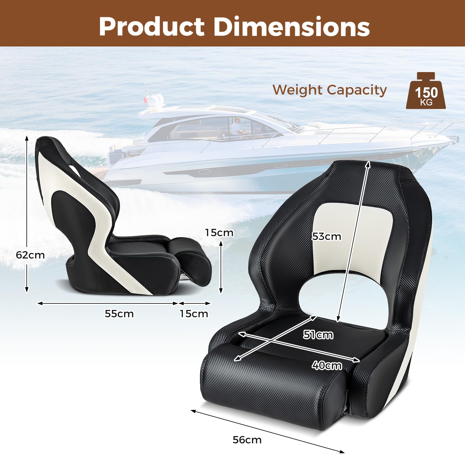 HOMASIS Siège de Bateau Ergonomique en Cuir PVC, Siège de Pêche avec Appui-Tête Rabattable, Revêtement, Chaise de Bateau Pliable avec Accoudoirs Courbés, 56 x 70 x 62 cm