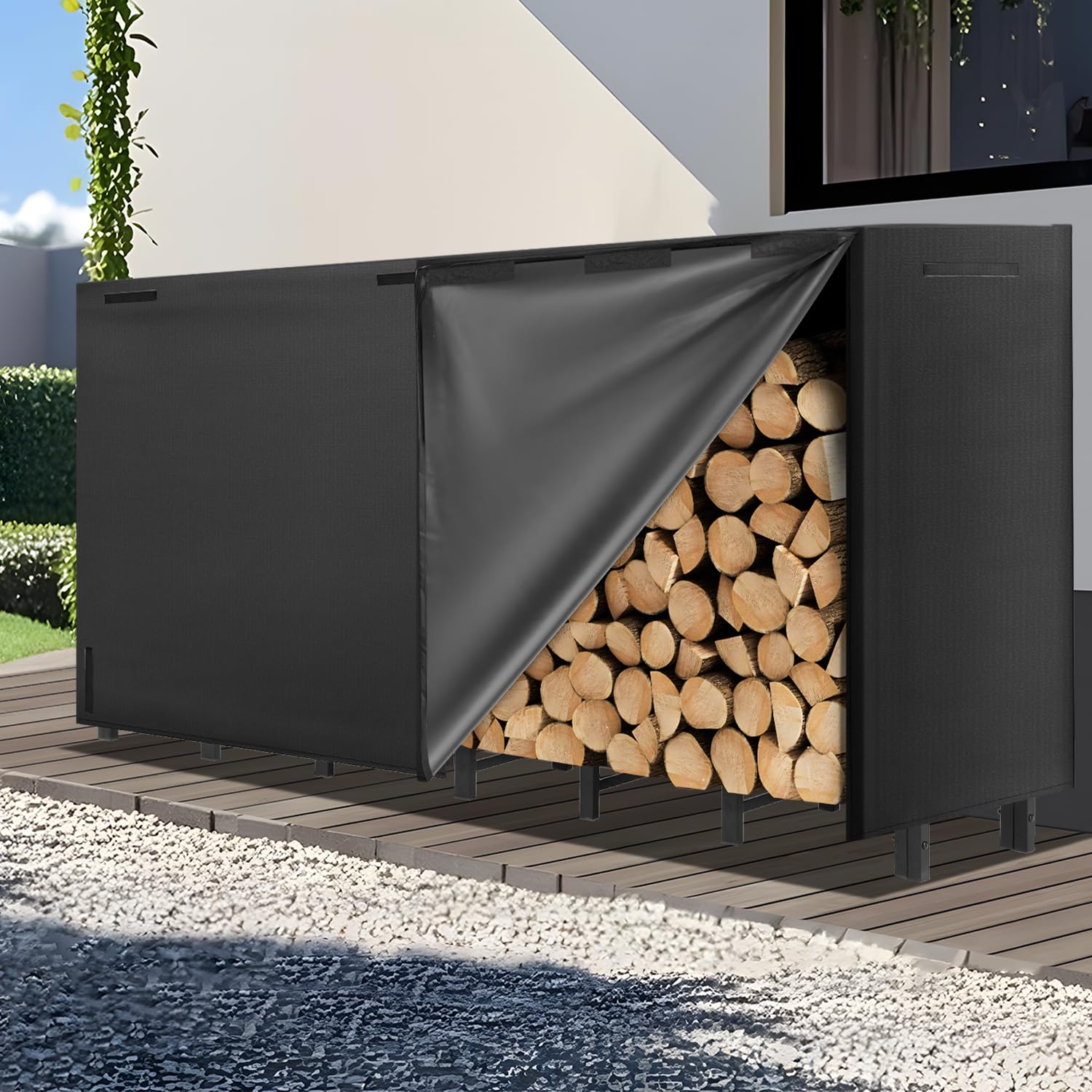8FT Firewood Log Rack with Waterproof Cover, Metal Heavy Duty Log Stores