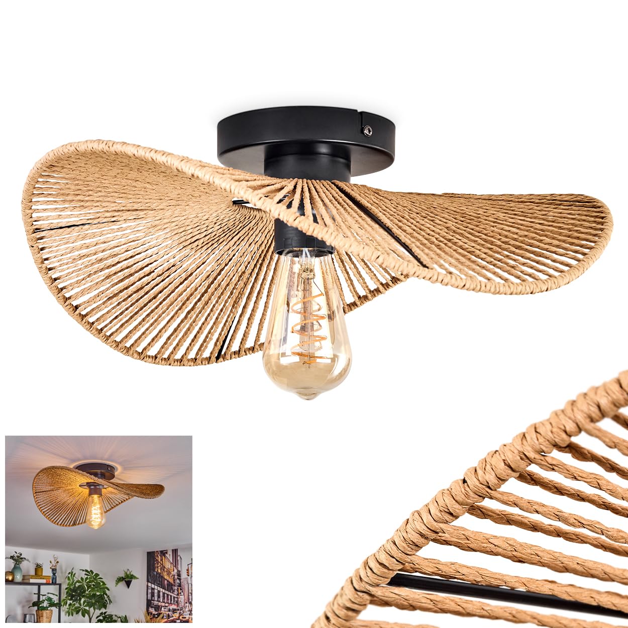 HOFSTEIN Elsa lampa sufitowa, lampa sufitowa wykonana z metalowej/papierowej siatki w kolorach czarnym/naturalnym, stylu boho z efektem świetlnym na suficie, E27, jadalnia, salon, sypialnia