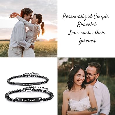 Personalized Matching Bracelet for Couple Engraved Name Date Adjustable Stainless Steel Jewelry Couples Bracelets for Him and Her Gift for Valentine's Day Anniversary