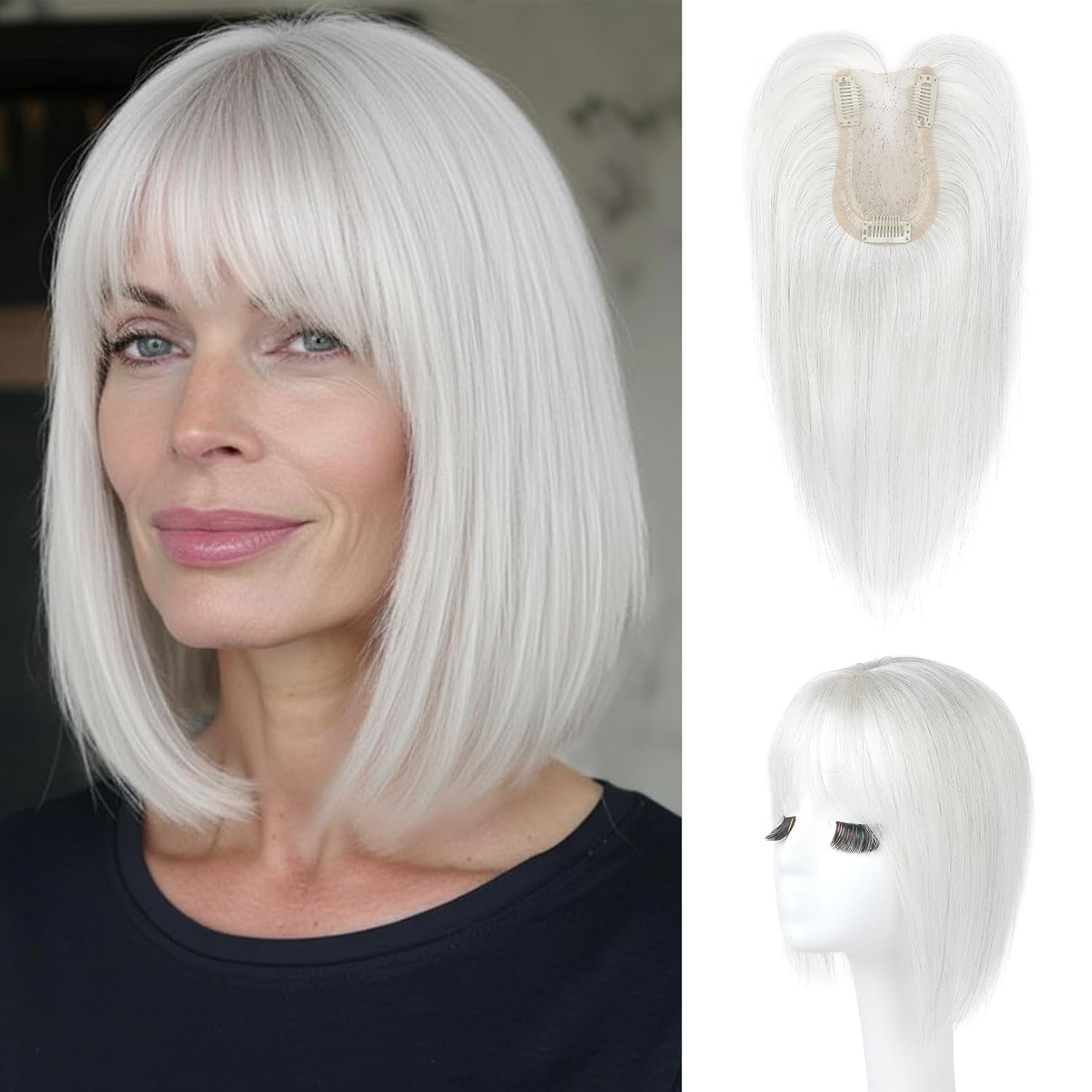 HOOJIH Hair Topper for Women with Thinning Hair 4x2.5inch Base Real Human Hair Topper with Bangs Handmade Invisiable Lace Front Topper - Silver White 10 Inch Silver White