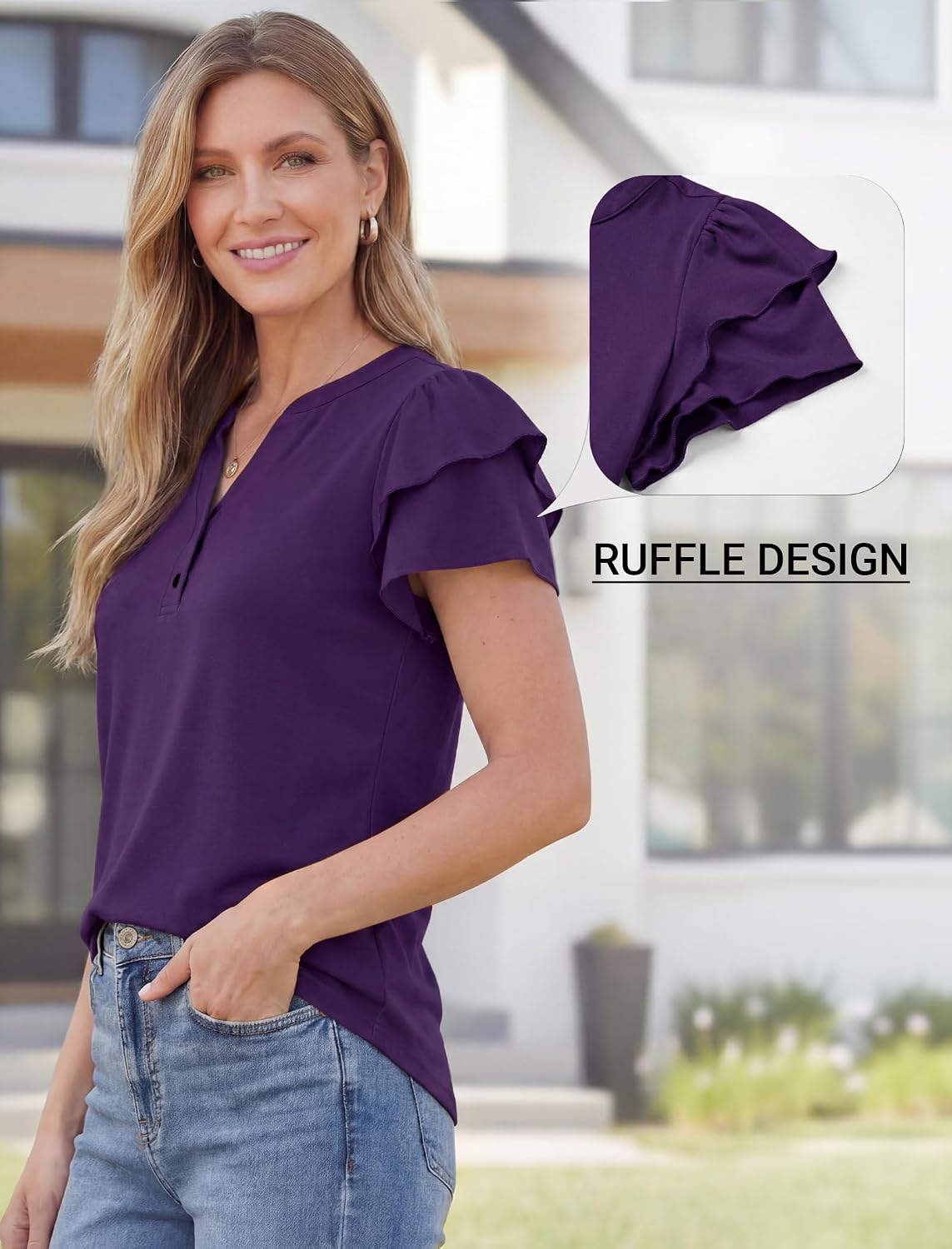 ENMAIN Womens Tops Dressy Casual, V Neck Button Down T Shirts for Women,Ruffle Short Sleeve,S-3XL