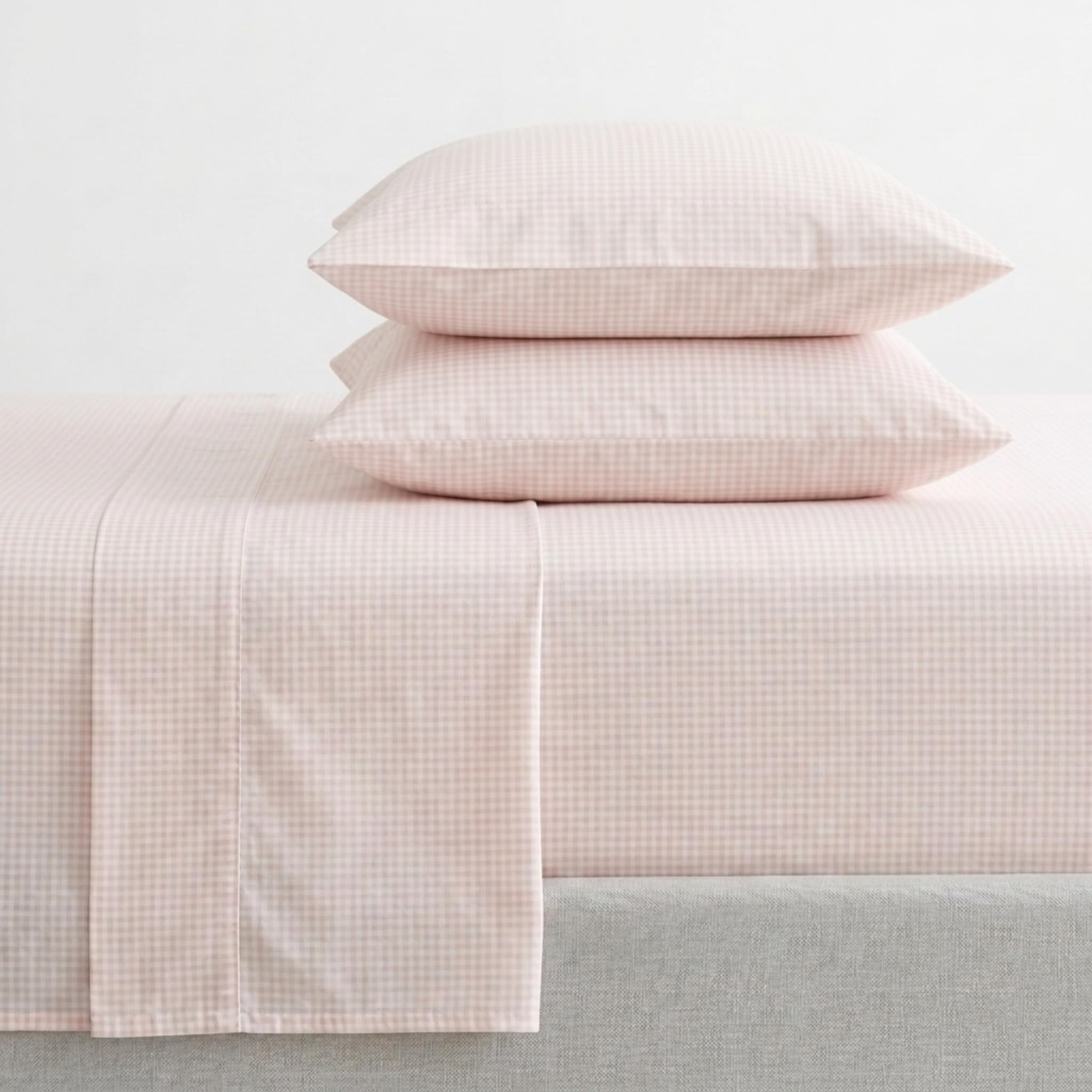 Martha Stewart - Twin XL Size Sheet Set, Breathable Cotton Percale Bedding with Matching Pillowcase, Fully Elastic Fitted Sheet, Deep Pocket, Crisp &amp; Cooling All-Season Comfort (Small Gingham Pink)
