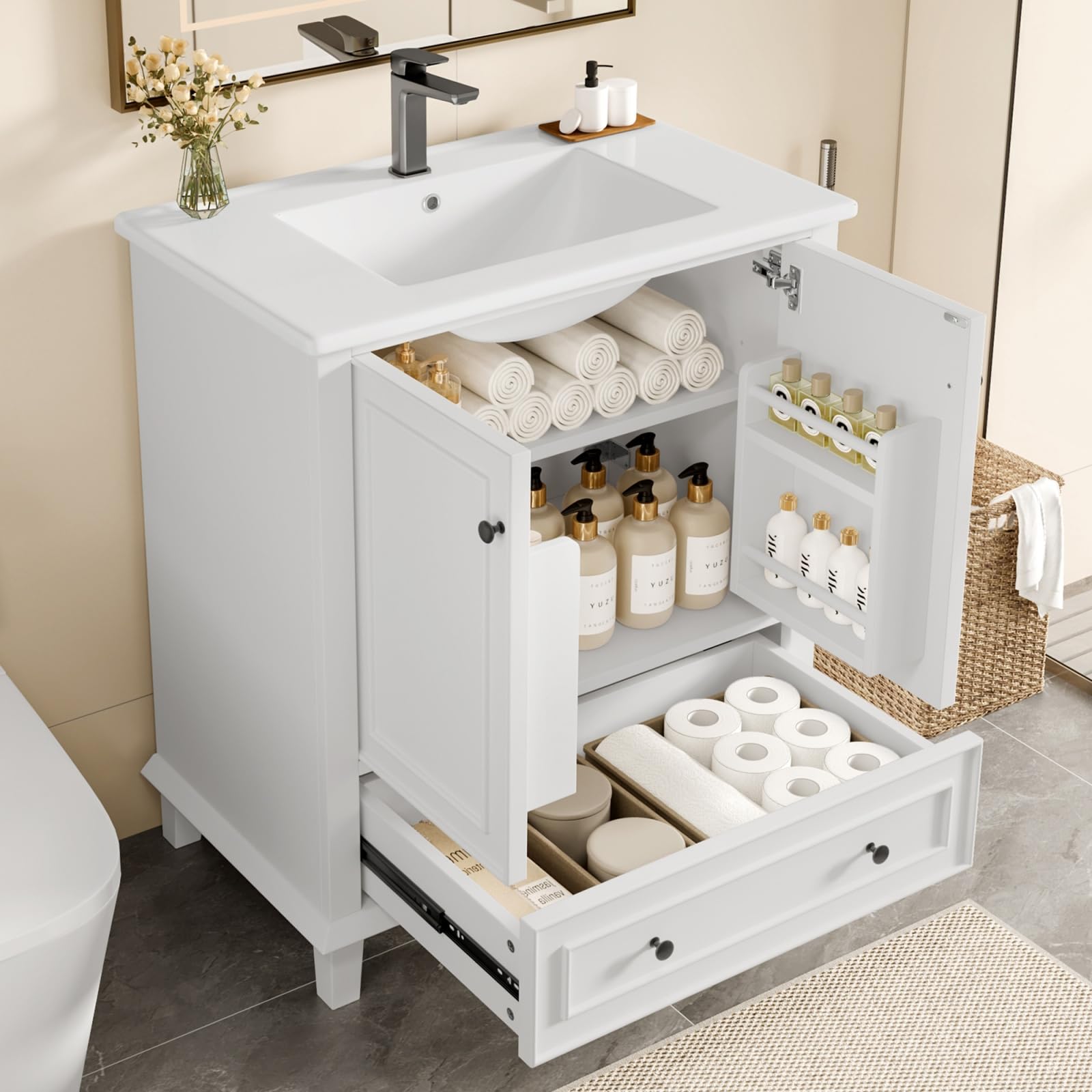 Mobile sottolavello, mobile da bagno con lavabo in ceramica incorporata, mobile portaoggetti con 2 ante e cassetti, gambe in legno massello, design moderno (bianco)