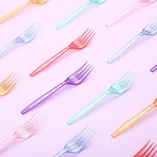 Vista 23 de Tioncy 360 tenedores de plástico desechables arcoíris a granel coloridos cubiertos desechables de plástico neón para fiesta de Acción de Gracias