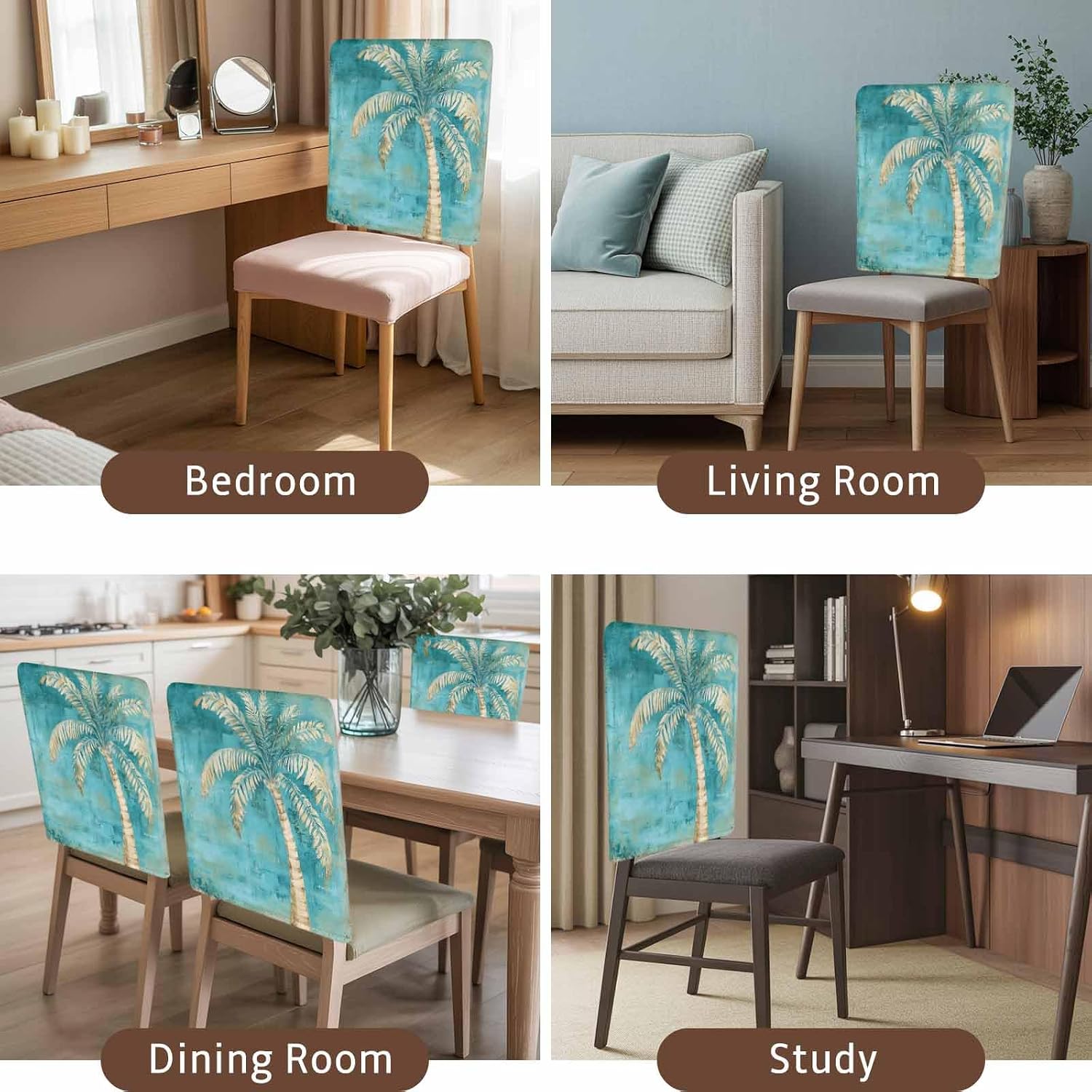 Coastal Beach Tree Green Chair Covers for Dining Room 4 Pack, Vintage Tropical Palm Chair Back Cover, Summer Botanical Kitchen Slipcovers Protector for Party Banquet Seasonal Home Decor Warming Gift