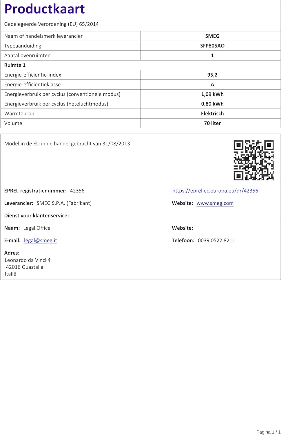 Fitxa de producte per al forn Smeg SFP805AO en neerlandès, amb detall del consum d'energia i el volum.