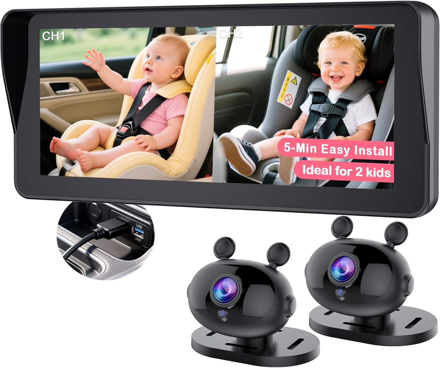 Wkzay Cámara dual HD 1080P para coche de bebé para 2 niños: pantalla dividida de 6.9 pulgadas con 2 cámaras de visión nocturna para asiento de coche - USB de 5 minutos fácil de instalar 360° ajustable