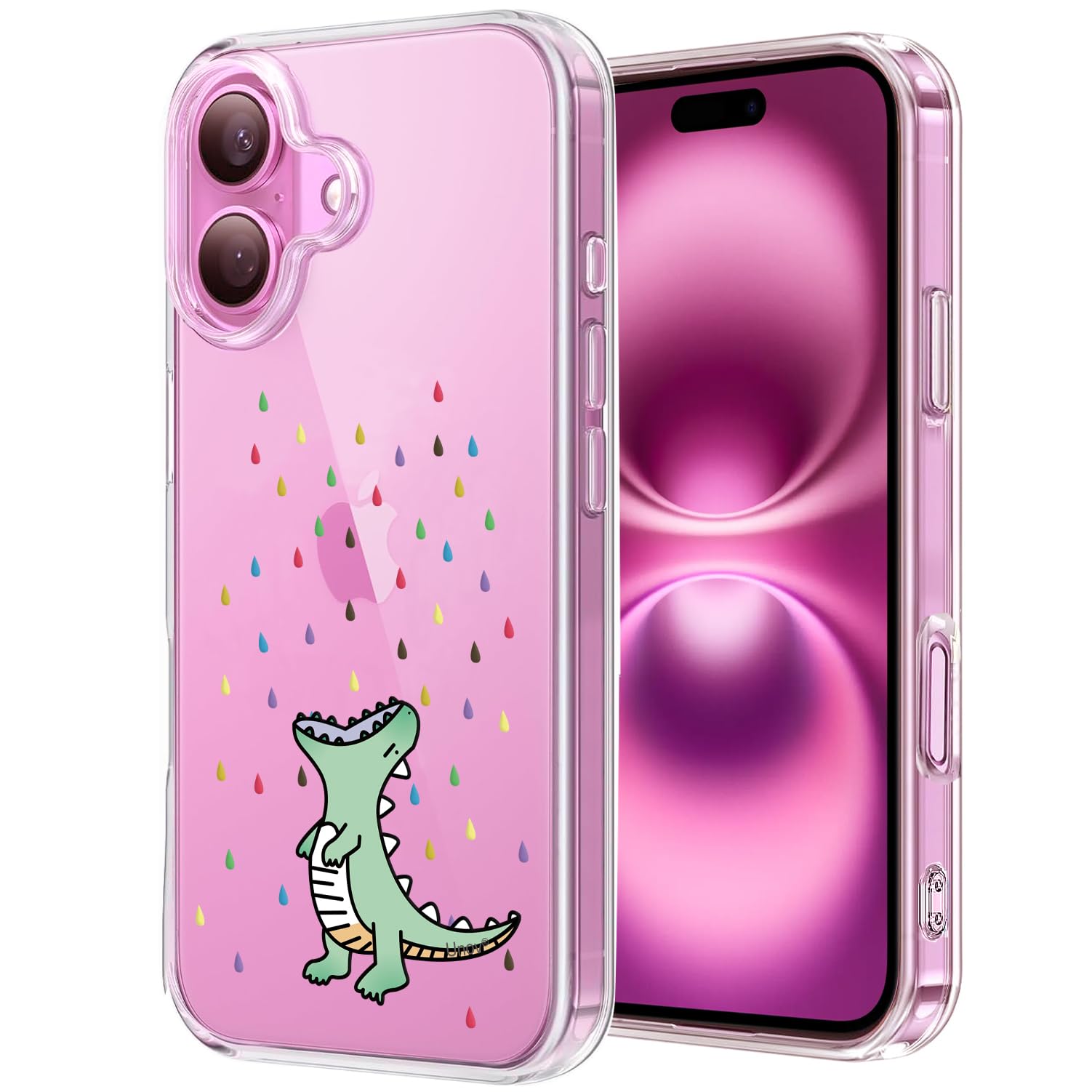 Unov Case Compatible with iPhone 16 Case Clear with Design Embossed Pattern Soft TPU Bumper Slim Protective 6.1 Inch (Rainbow Dinosaur)