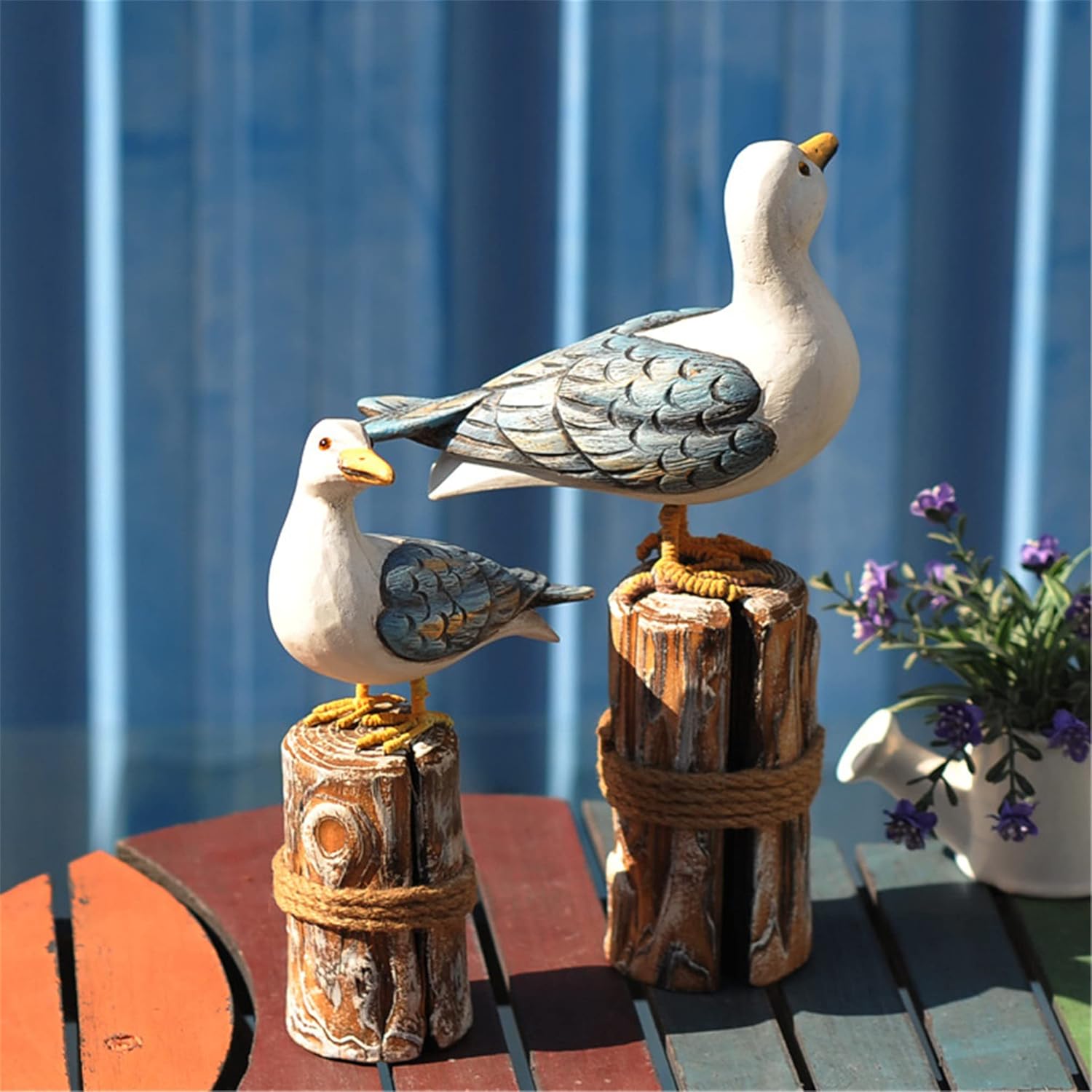 2Pcs Wooden Seagull Figurine Vintage Nautical Sea Bird on Piling with Rope Ornament Sculpture, Hand Caraved Wooden Bird Statue Nautical Craft Decorations for Home