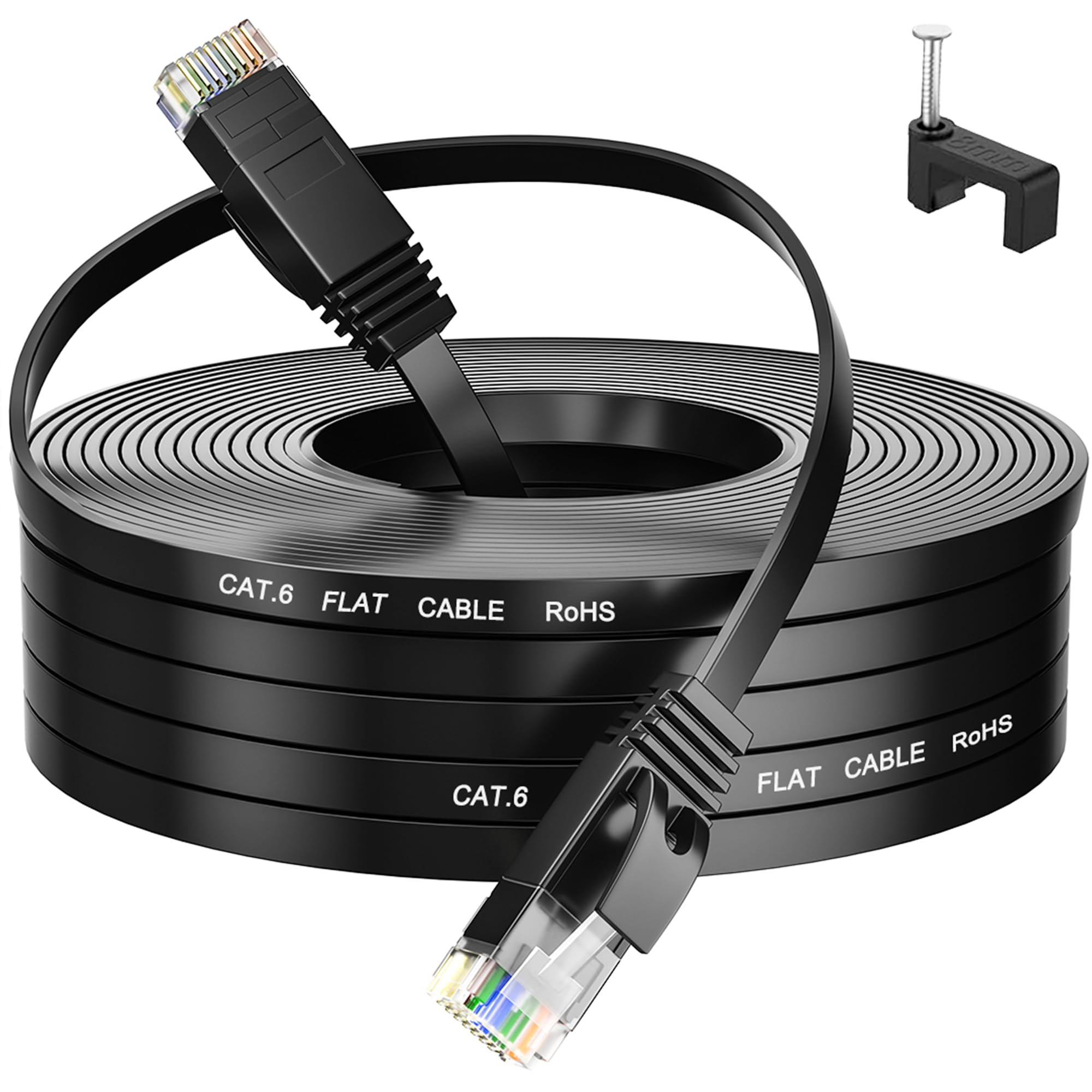 MEIPEK Lan Kabel 40 Meter Cat 6, Flach Netzwerkkabel 40m High Speed Schwarz Ethernetkabel, RJ45 Dünn Internetkabel 1Gbps Patchkabel Gigabit Lankabelverlaengerung für Router Modem