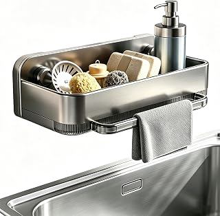 Stainless Steel Kitchen Sink Caddy, Sponge Holder Sink Organizer, for Soap Brush Scrubber, Rust‑Proof Storage Rack for Kitchen(Gray)
