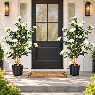 2 Pack 3FT Artificial Camellia Trees in Pots, White Flowers