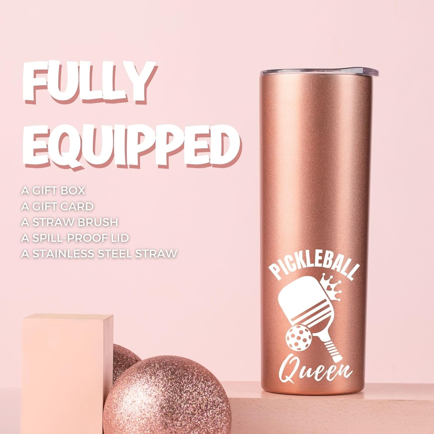 Onebttl Pickleball Gifts for Women, Pickleball Queen, 20 oz Skinny Tumbler with Lid and Straw, Rose Gold - Image 2