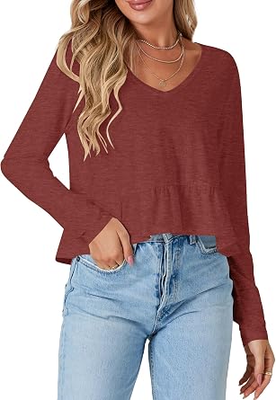 Vrtige Womens V Neck Long Sleeve Peplum Babydoll Blouse Shirt Crop Top Ruffle Hem