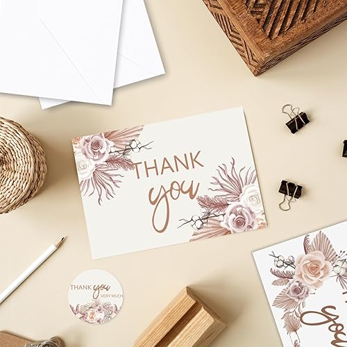 Miniatura 3 de AnyDesign Tarjetas de agradecimiento florales bohemias a granel, paquete de 36 ramos de rosas bohemias, tarjetas de notas con calcomanías de sobre,