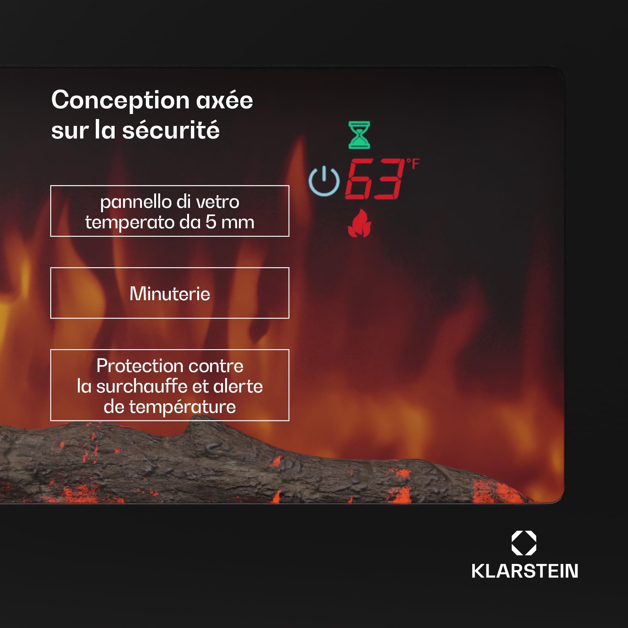 Cheminée décorative Klarstein avec Flammes LED, cheminée électrique avec Chauffage et cheminée, cheminée électrique 1800 W avec télécommande, minuterie et Thermostat réglable, cheminées électriques