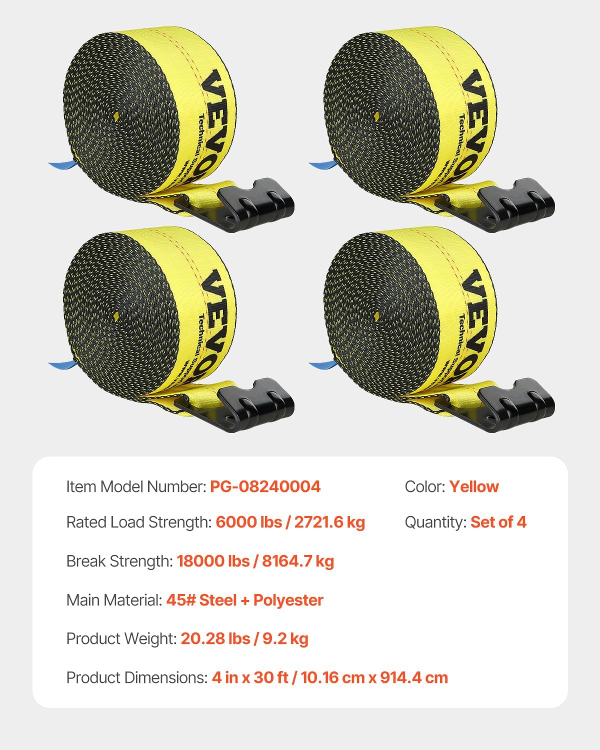 VEVOR Truck Straps, 4" x 30' Heavy Duty Tie Down w/Flat Hooks 18,000lbs Break Strength, WLL# 6000lbs, Cargo Straps tie Down for Flatbeds, Trucks, Trailers, Farms, Rescues, Tree Saver, Yellow(4 Pack)