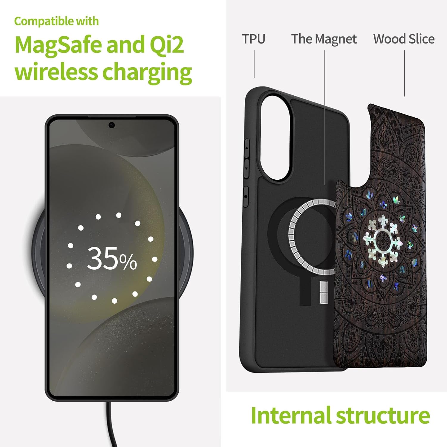 Carveit Magnetic Wooden Case for Samsung Galaxy S25 Edge Case, Wood Artisan Engraved & Handmade Shell Inlaid, Compatible with MagSafe Wireless Chargers (Mandala Floral) Blackwood