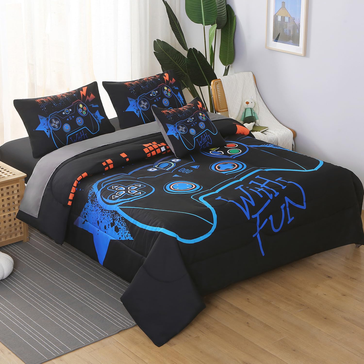 Game Controller Bettwäsche-Set Queen Size – 3D Gamepad Design, 3-teilig, Schwarz, Ultraweich